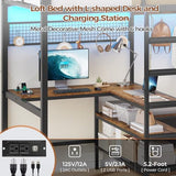 DICTAC Twin Loft Bed with L-Shaped Desk,Storage Shelves and Charging Station Metal Loft Bed Twin Size with LED Lights,Coat Rack with Drawers and Stair,Top Bunk with Safety Guardrail for Teen,Black
