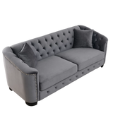 77-Inch Modern Chesterfield Velvet Sofa, 3-Seater Sofa, Upholstered Tufted Backrests with Nailhead Arms and 2 Cushions for Living Room, Bedroom, Apartment, Office (Grey)